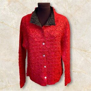 Crepey Crinkle Womens Reversible Button Front Textured Black & Red Jacket size M